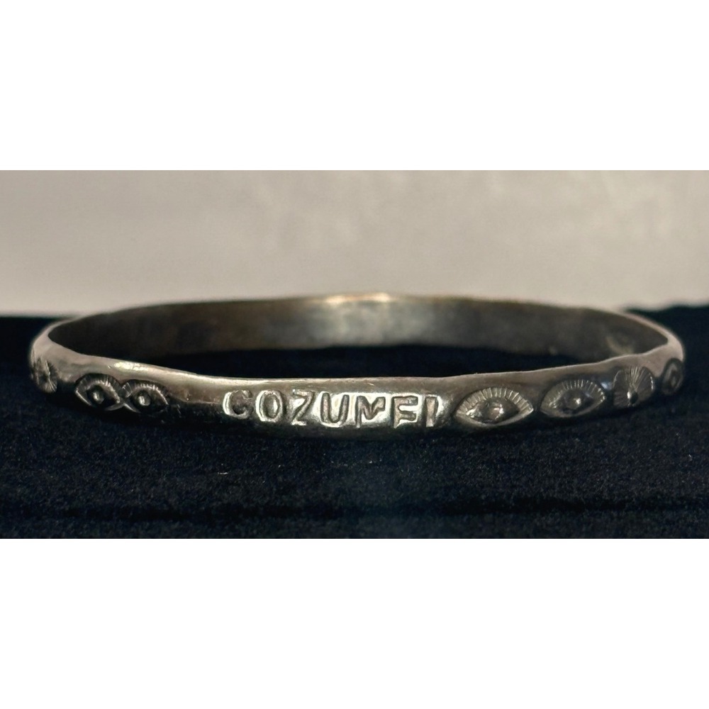 1970s Mexican Silver Boho Stamped Cozumel Bangle Bracelet Eye Sunburst Motif